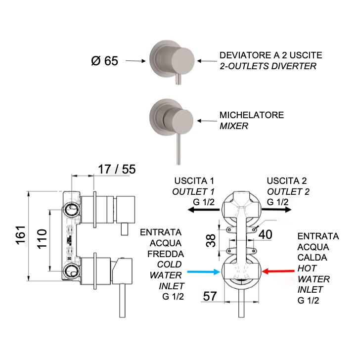Bateria podtynkowa 2-drożna DANIEL TOKYO STEEL inox SSTX612D2