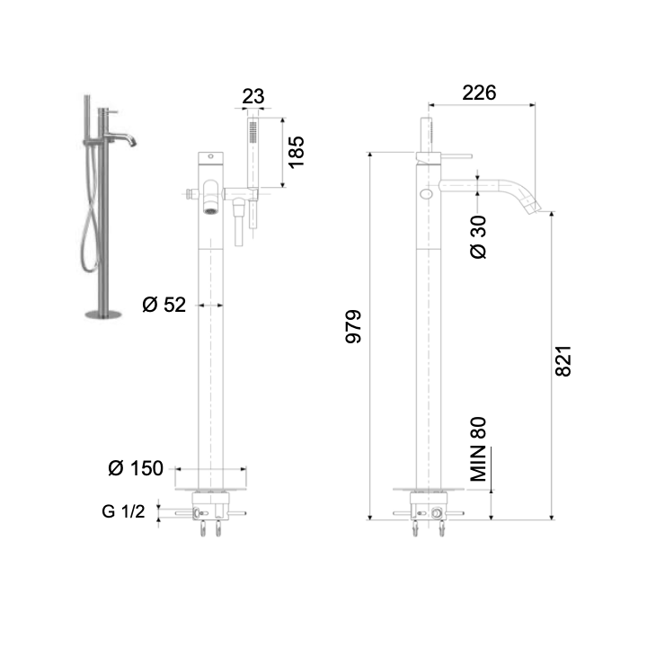 Bateria wannowa wolnostojąca DANIEL TOKYO STEEL inox SSTX678