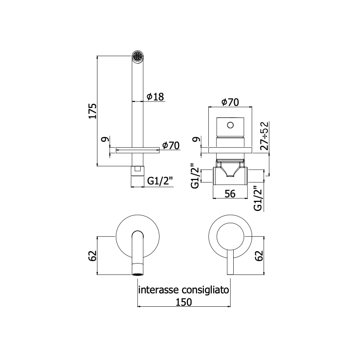 Bateria umywalkowa PAFFONI LIGHT stal szczotkowana LIG006ST70