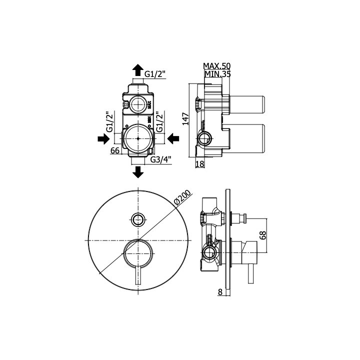 Bateria podtynkowa 2-drożna PAFFONI LIGHT czarny mat LIG015NO
