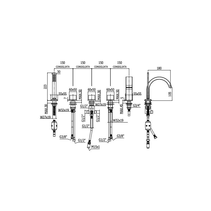 Bateria wannowa 5-otworowa PAFFONI LEVEL chrom LEP044CR