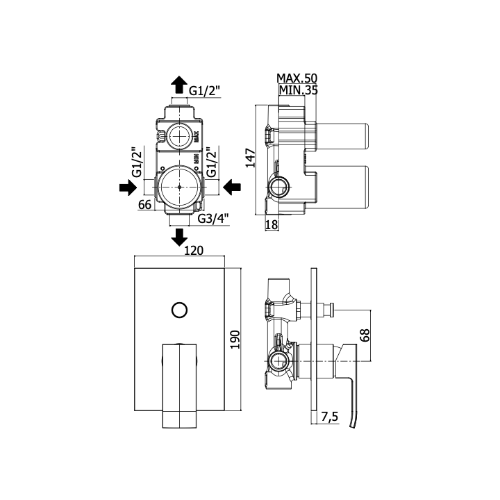 Bateria podtynkowa 2-drożna PAFFONI LEVEL chrom LES015CR