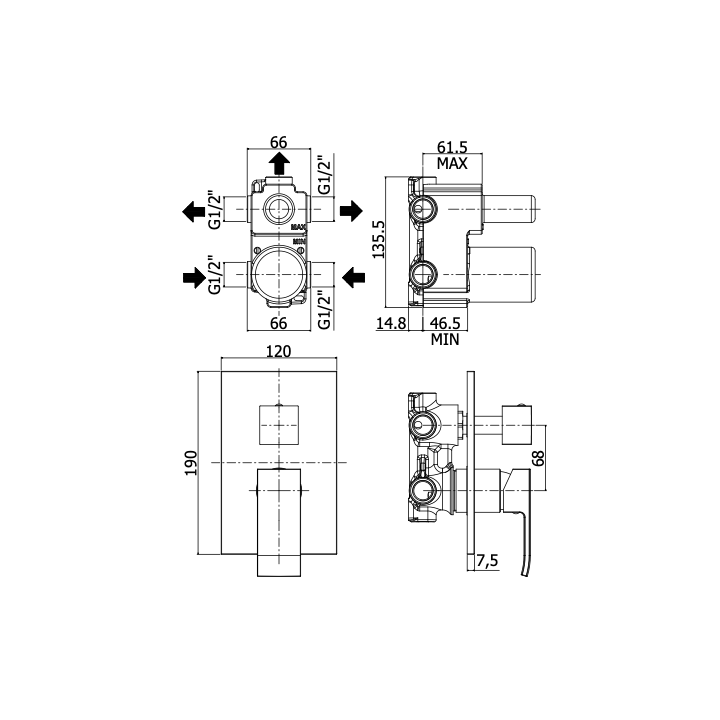 Bateria podtynkowa 3-drożna PAFFONI LEVEL chrom LES019CR