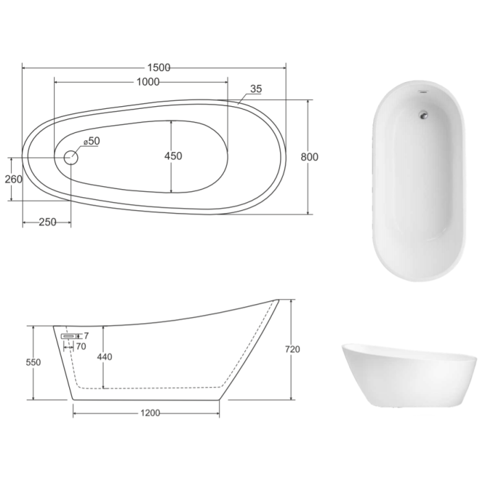 WANNA WOLNOSTOJĄCA BESCO MELODY 150x80 BIAŁA WAS-150-M
