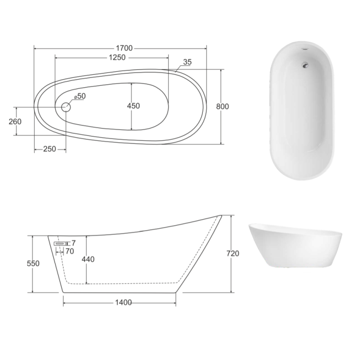WANNA WOLNOSTOJĄCA BESCO MELODY 170x80CM BIAŁA WAS-170-M