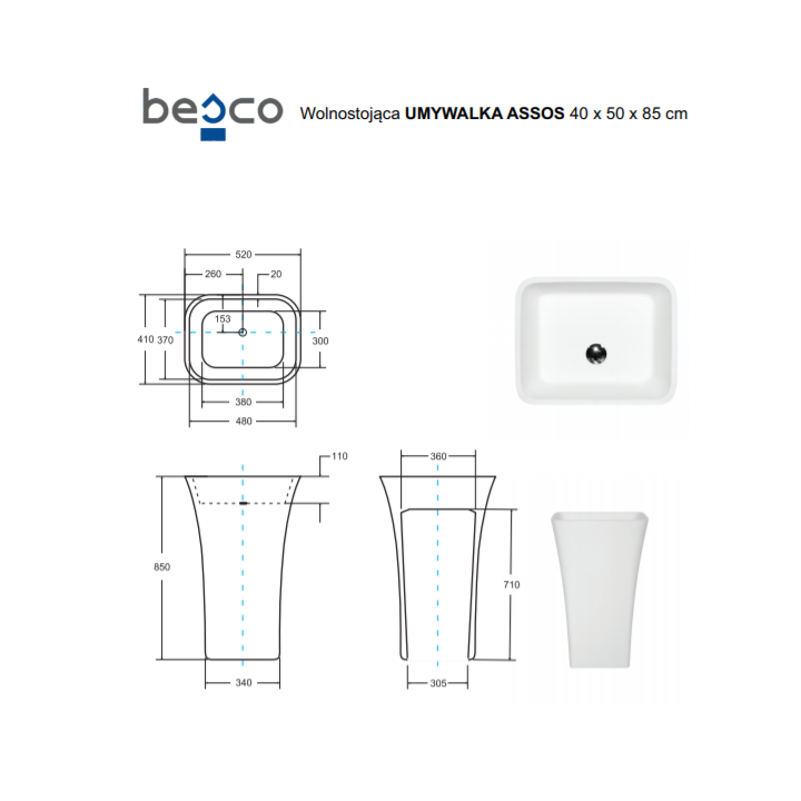 Umywalka wolnostojąca BESCO ASSOS B&W 40x50x85cm black&white UMD-A-WOBW