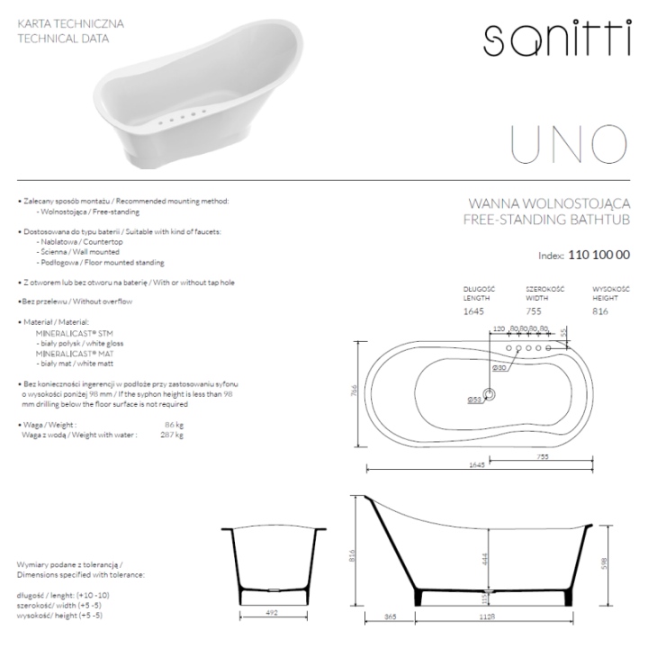 Wanna wolnostojąca SANITTI UNO 1645x755x816 mm biała 11010000