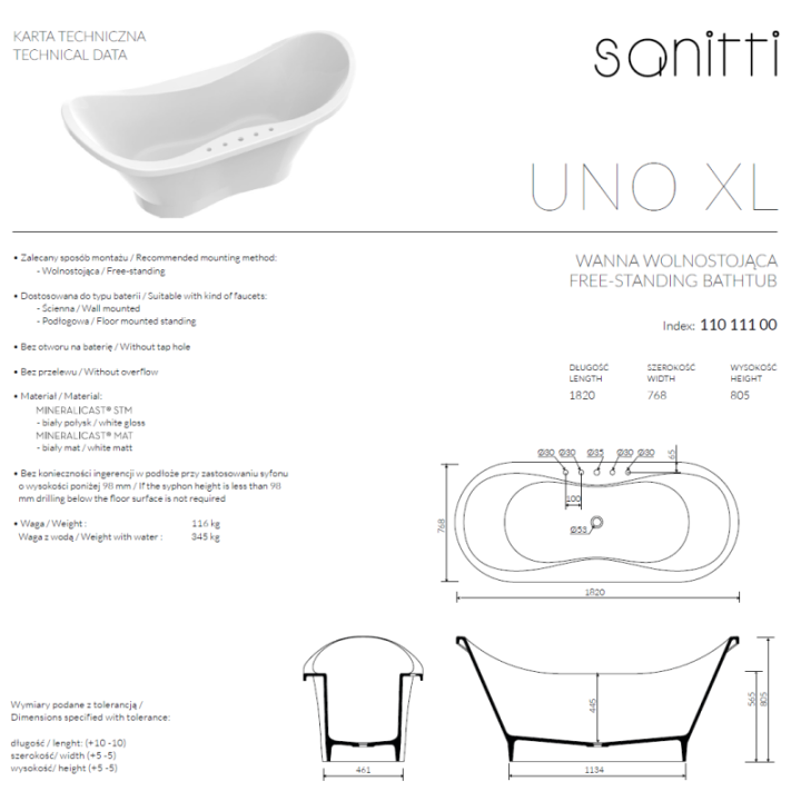 Wanna wolnostojąca SANITTI UNO XL 1820x768x805 mm biała 11011100