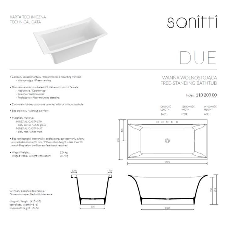 Wanna wolnostojąca SANITTI DUE 1625x820x603 mm biała 11020000