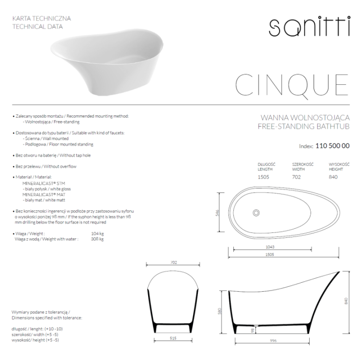 Wanna wolnostojąca SANITTI CINQUE 1505x702x840 mm biała 11050000