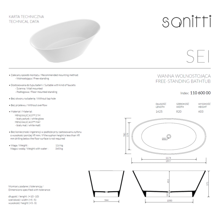Wanna wolnostojąca SANITTI SEI 1597x780x571 mm biała 11060000