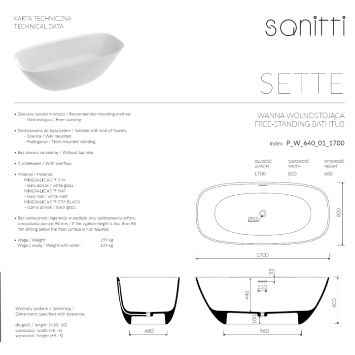 Wanna wolnostojąca SANITTI SETTE 1700x820x600 mm biała P/W/640/01/1700