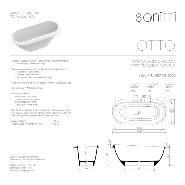 Wanna wolnostojąca SANITTI OTTO 1680x785x678 mm biała P/U/627/02/1680