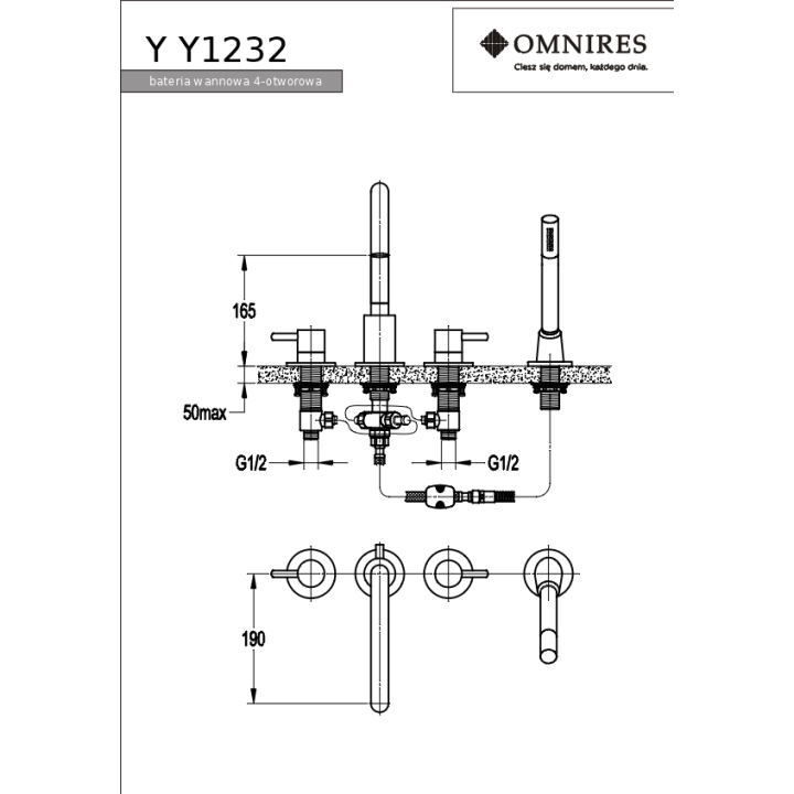 Bateria wannowa Omnires Y czterootworowa kompletna chrom Y1232CR