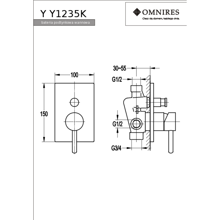 Bateria wannowa Omnires Y podtynkowa chrom Y1235/KCR