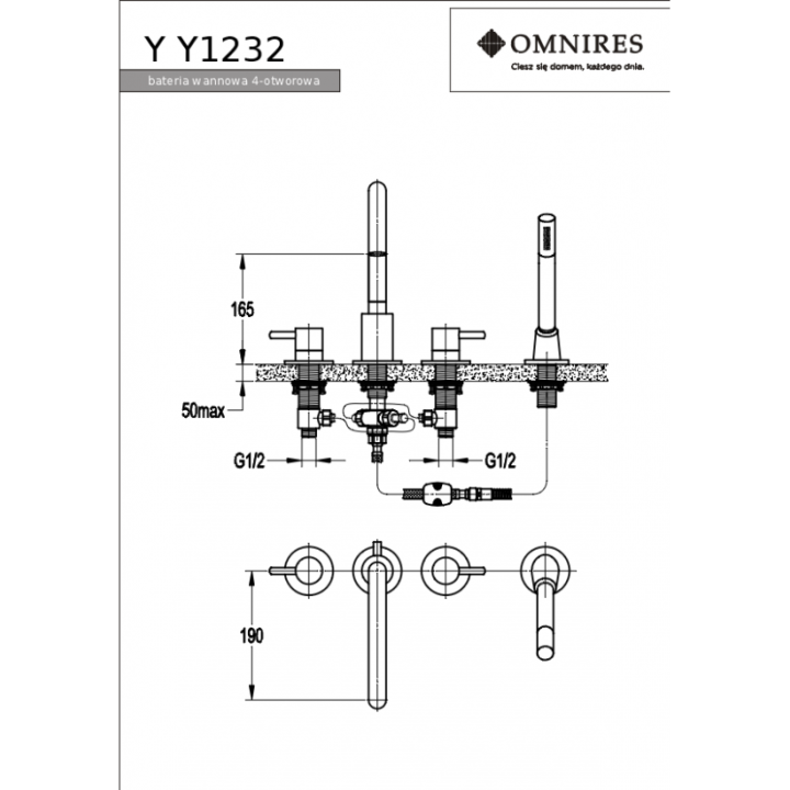 Bateria wannowa 4-otworowa Omnires Y czarny/złoty Y1232BLGL