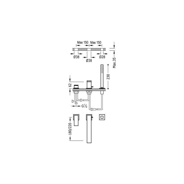 Bateria wannowa Tres Cuadro Excl. trzyotworowa czarny mat 00616105NM